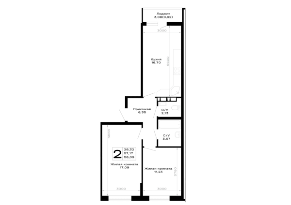 Планировка 2 комн. в Горные высоты