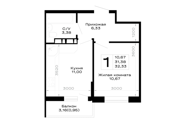 Планировка 1 комн. в Горные высоты