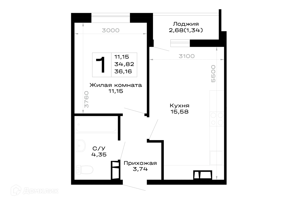 Планировка 1-комнатной квартиры 36.16 м² в Горные высоты, г. Майкоп — фото 1
