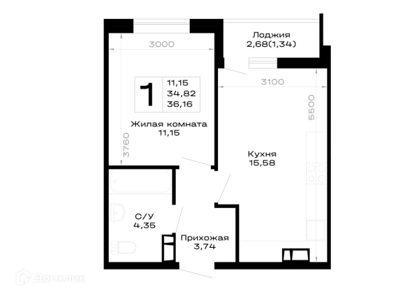 Планировка 1 комн. в Горные высоты
