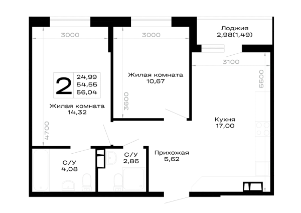 Планировка 2 комн. в Горные высоты