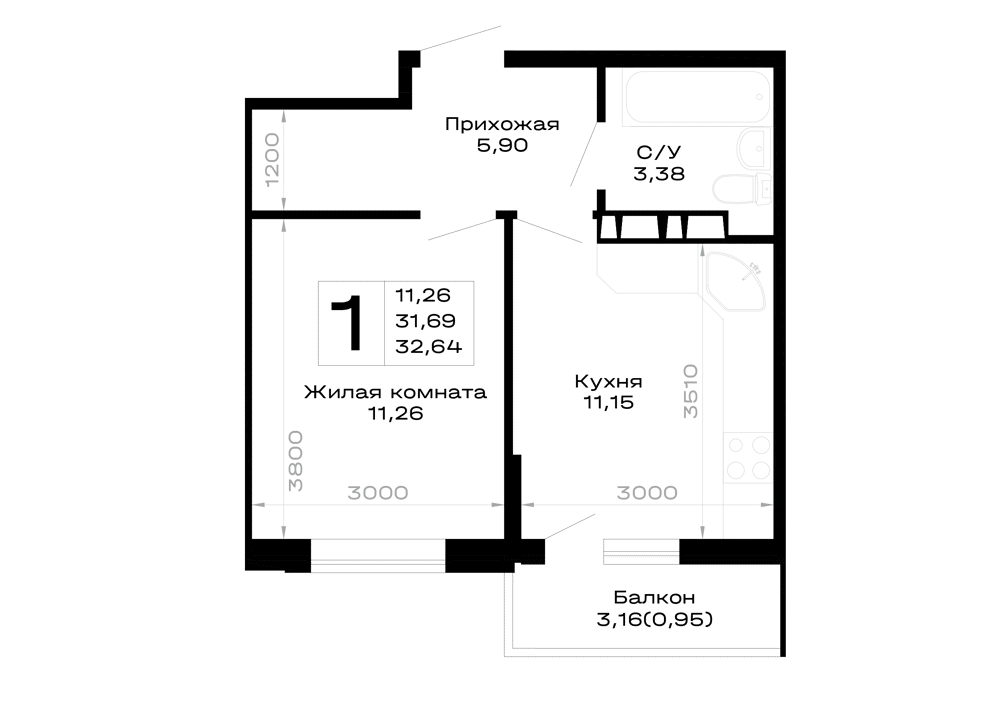 Планировка 1-комнатной квартиры 32.64 м² в Горные высоты, г. Майкоп — фото 1