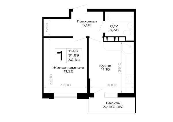 Планировка 1 комн. в Горные высоты