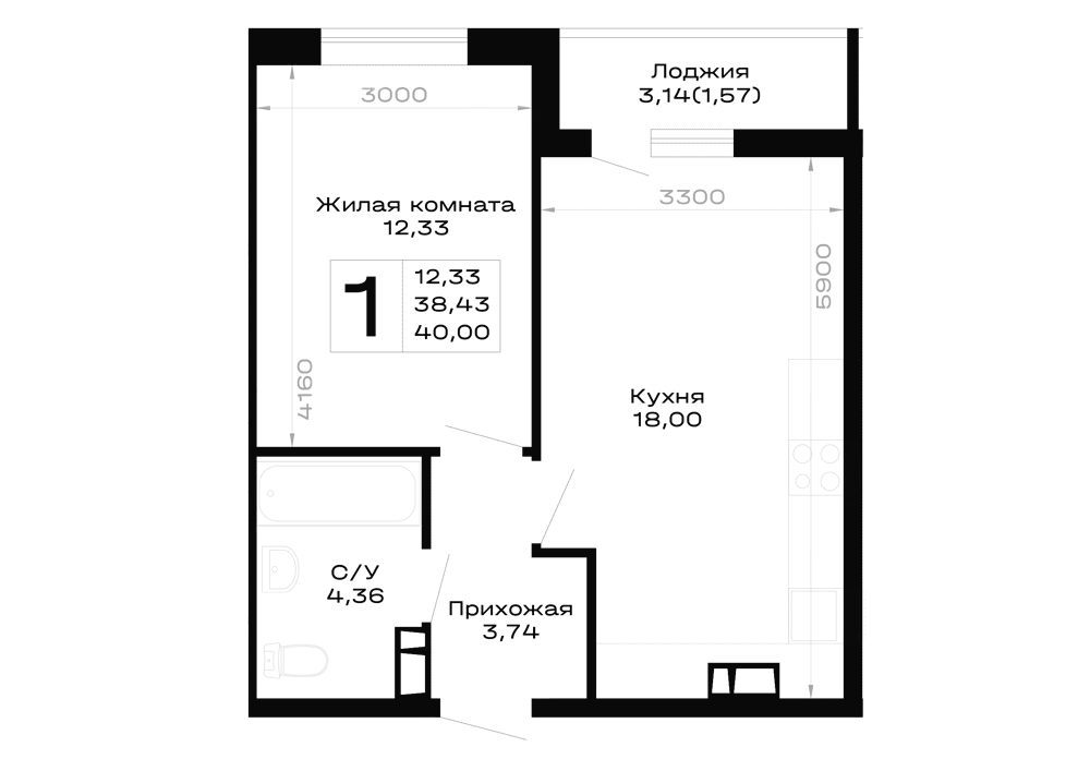 Планировка 1-комнатной квартиры 40 м² в Горные высоты, г. Майкоп — фото 1