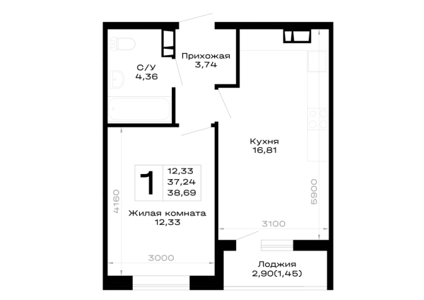 Планировка 1 комн. в Горные высоты
