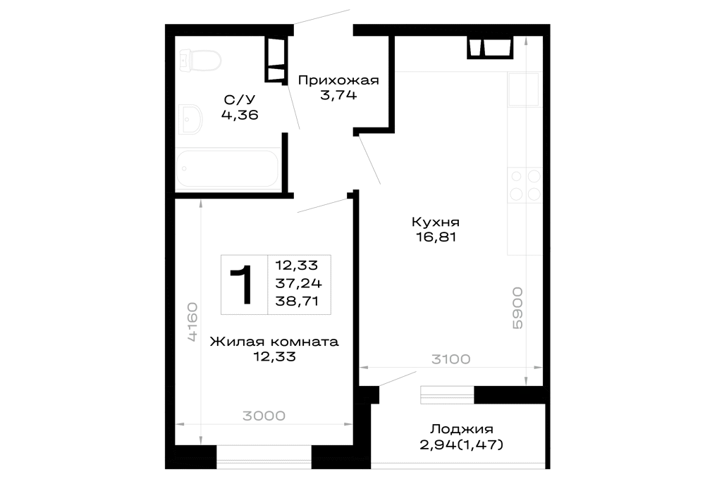 Планировка 1-комнатной квартиры 38.71 м² в Горные высоты, г. Майкоп — фото 1
