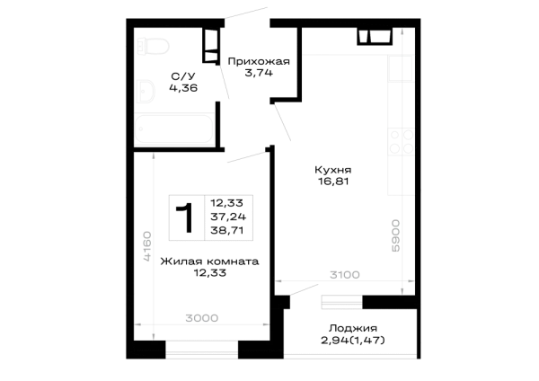 Планировка 1 комн. в Горные высоты