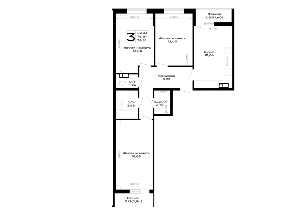 Планировка 3-комнатной квартиры 78.21 м² в Горные высоты, г. Майкоп — фото 1