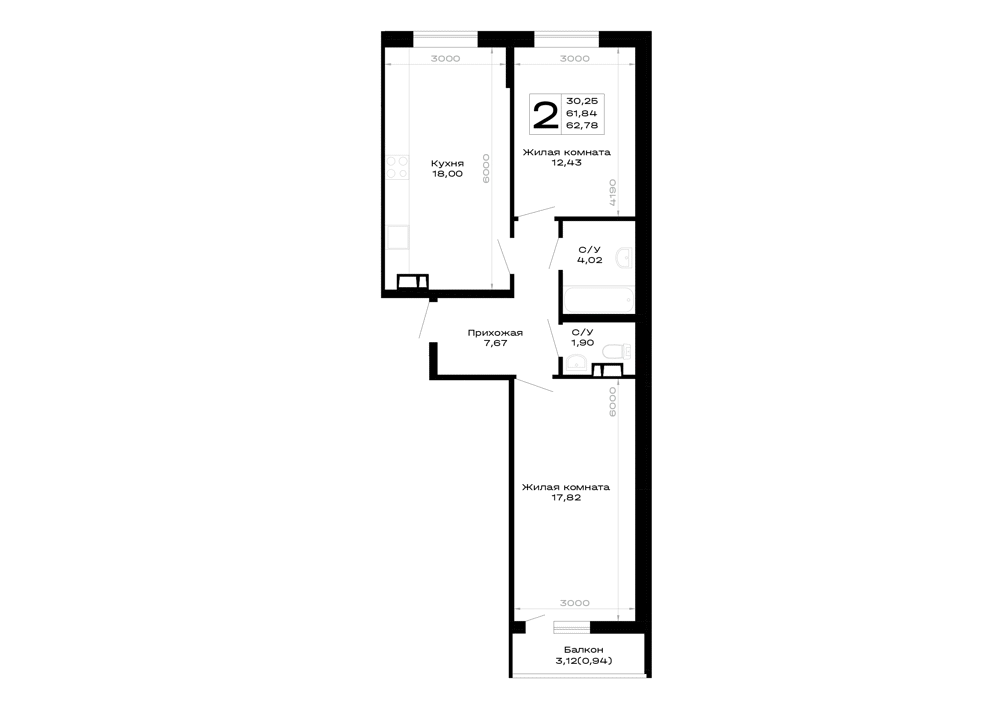 Планировка 2-комнатной квартиры 62.78 м² в Горные высоты, г. Майкоп — фото 1