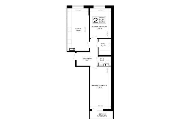 Планировка 2 комн. в Горные высоты