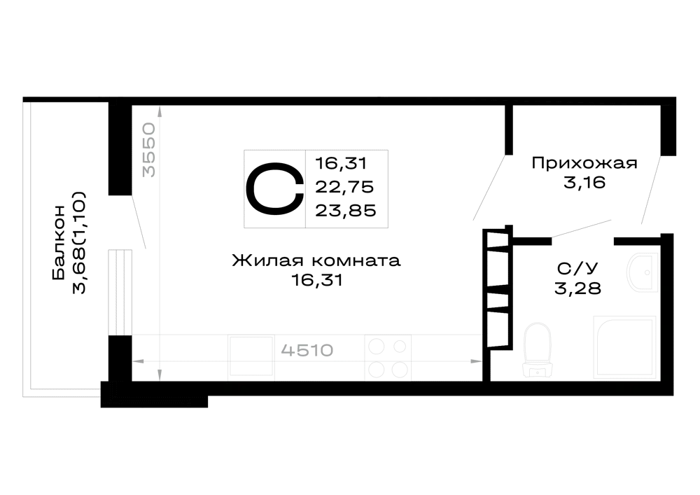 Планировка студии квартиры 23.85 м² в Горные высоты, г. Майкоп — фото 1