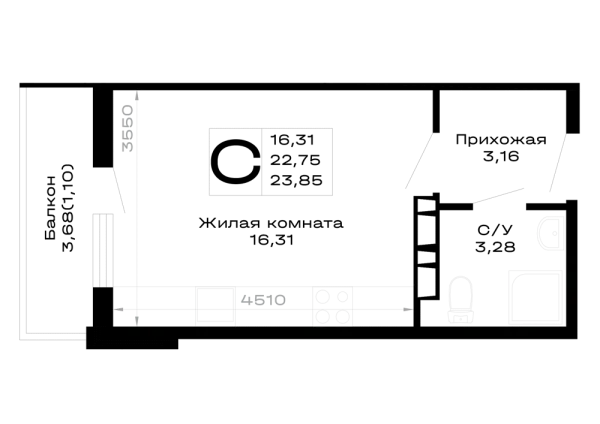 Планировка Студия в Горные высоты