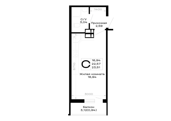 Планировка Студия в Горные высоты