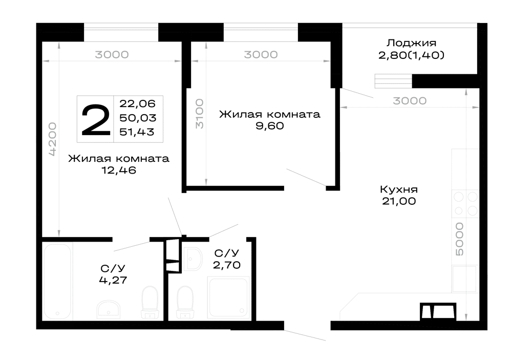 Планировка 2-комнатной квартиры 51.43 м² в Горные высоты, г. Майкоп — фото 1