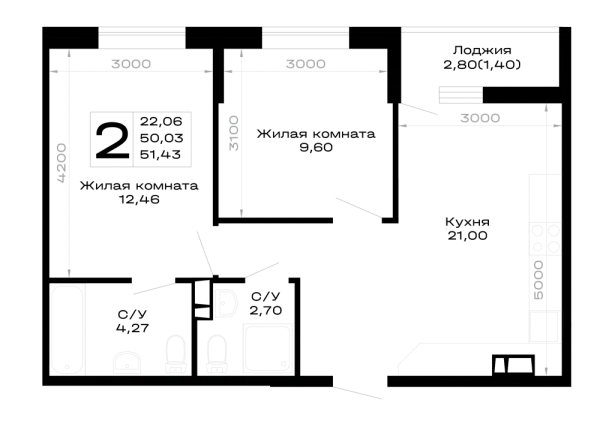 Планировка 2 комн. в Горные высоты
