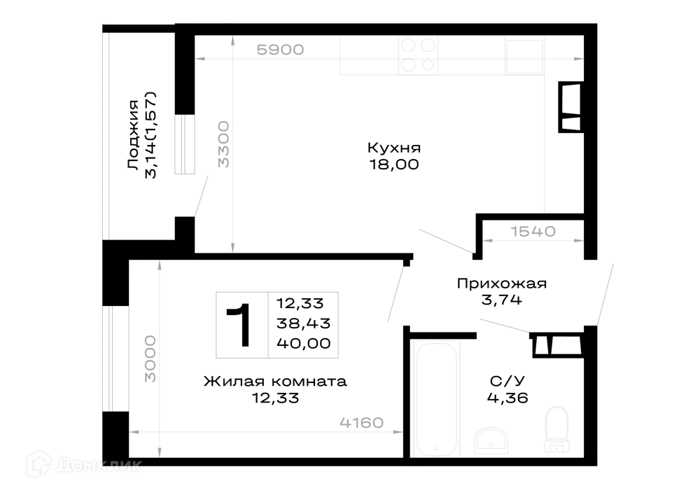Планировка 1-комнатной квартиры 40 м² в Горные высоты, г. Майкоп — фото 1