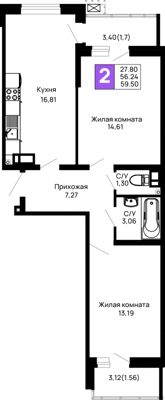 Планировка 2 комн. в ЖК Долина