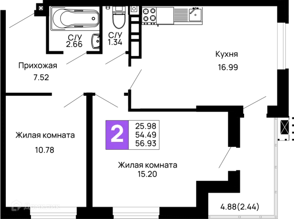 Планировка 2 комн. в ЖК Долина