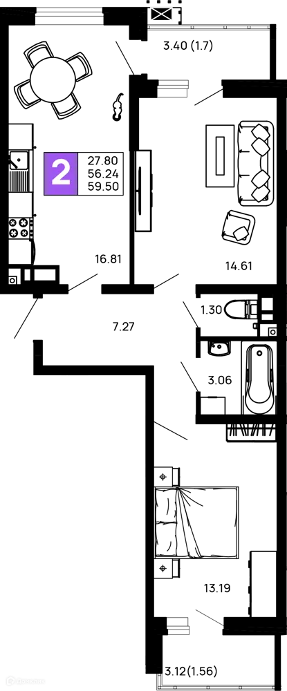 Планировка 2-комнатной квартиры 59.5 м² в ЖК Долина, г. Майкоп — фото 1