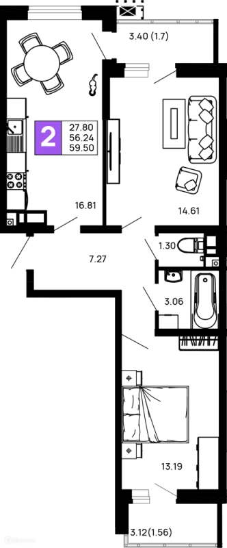 Планировка 2 комн. в ЖК Долина