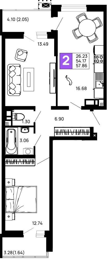 Планировка 2-комнатной квартиры 57.86 м² в ЖК Долина, г. Майкоп — фото 1