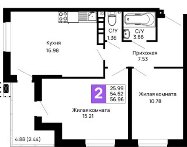 Планировка 2 комн. в ЖК Долина