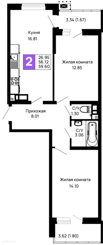 Планировка 2 комн. в ЖК Долина