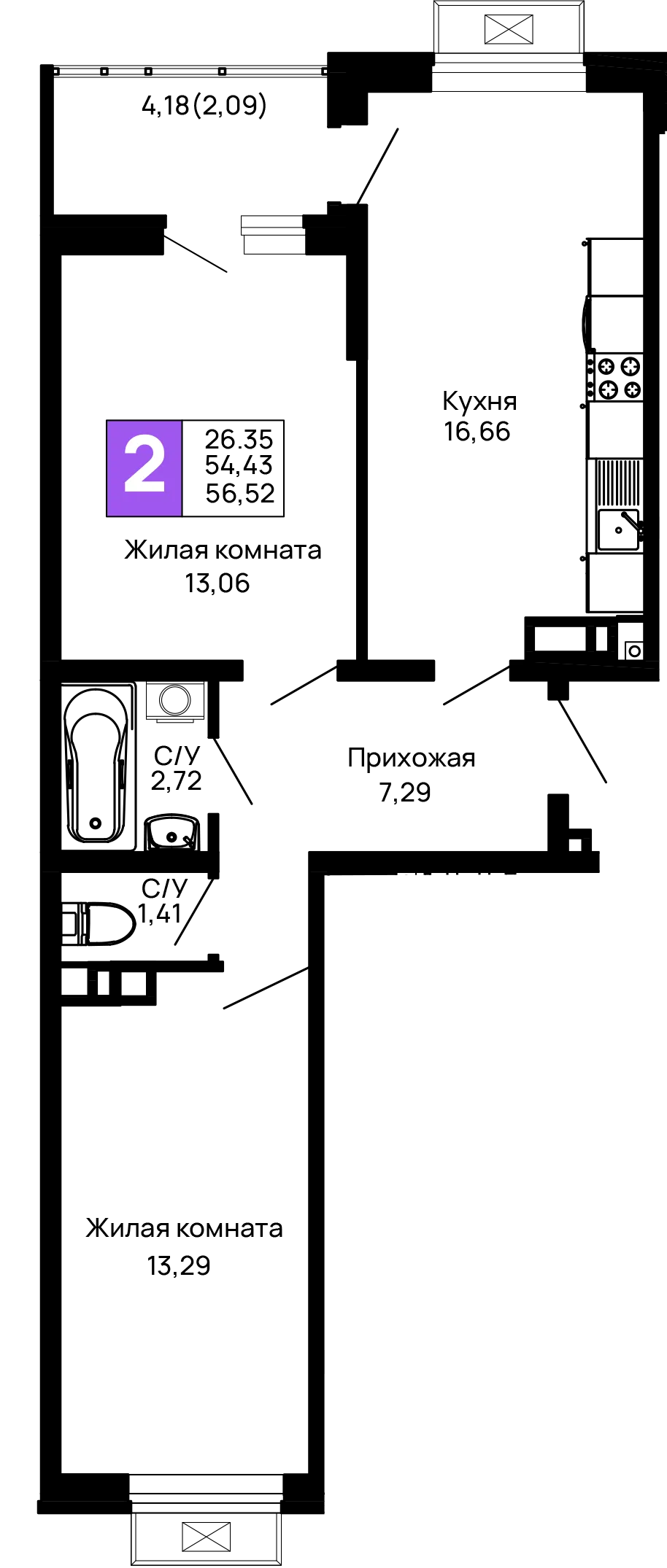 Планировка 2-комнатной квартиры 56.52 м² в ЖК Долина, г. Майкоп — фото 1