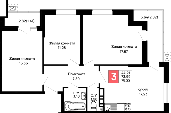 Планировка 3 комн. в ЖК Долина