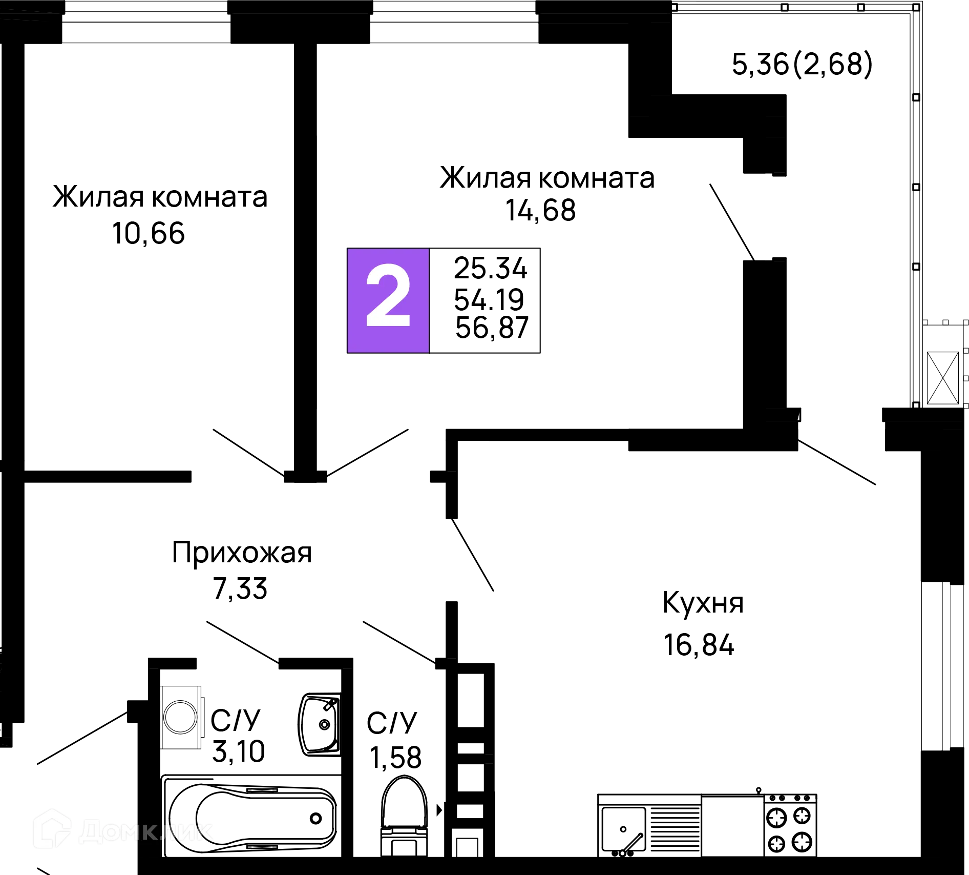 Планировка 2-комнатной квартиры 56.87 м² в ЖК Долина, г. Майкоп — фото 1