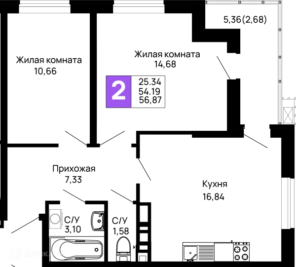 Планировка 2 комн. в ЖК Долина