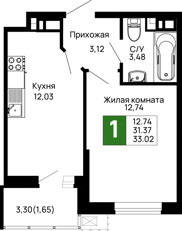 Планировка 1 комн. в ЖК Долина