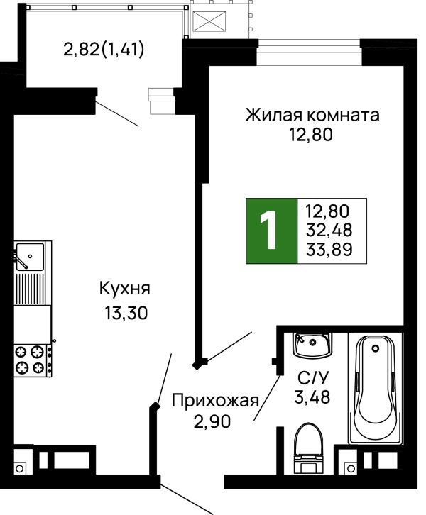 Планировка 1 комн. в ЖК Долина