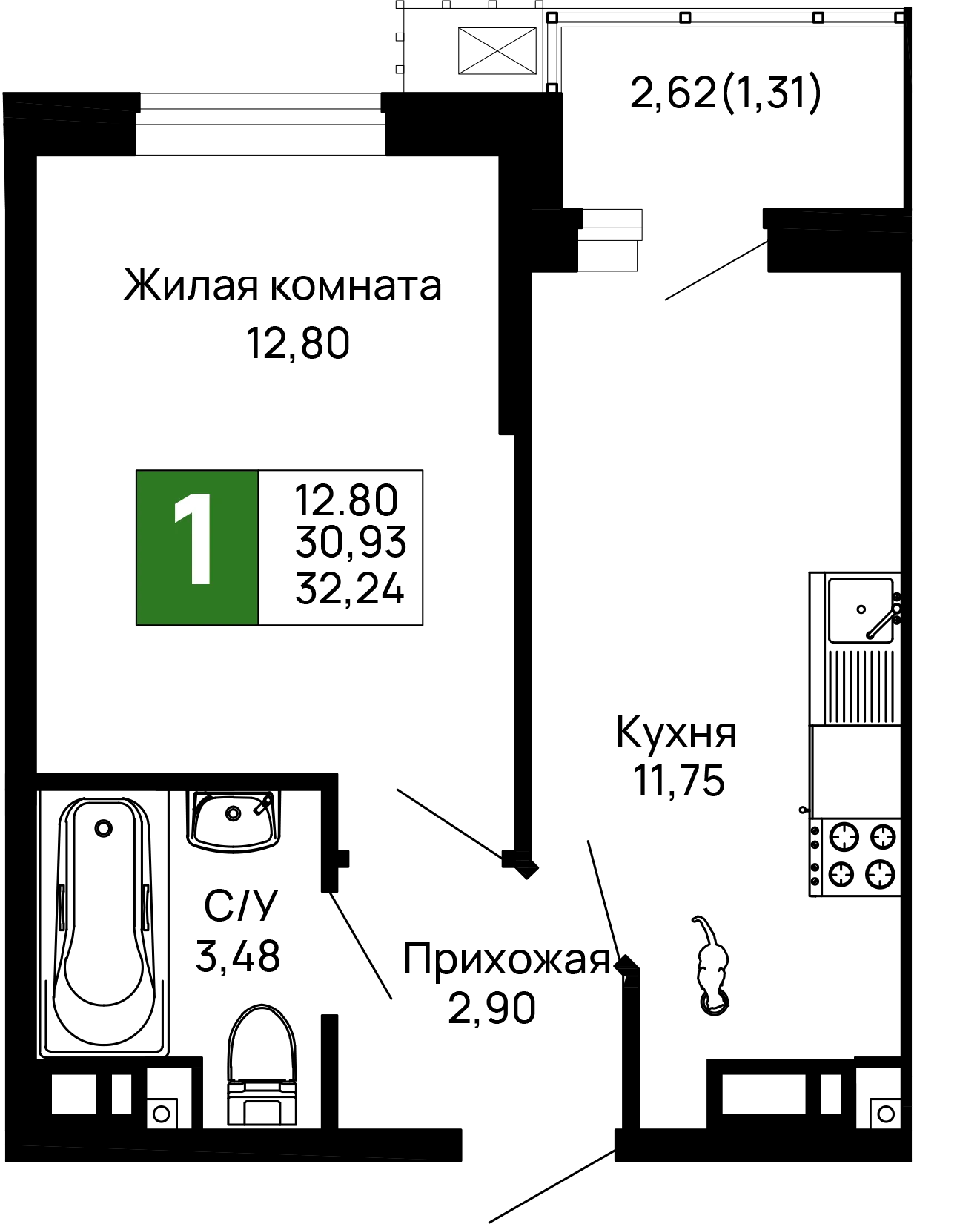 Планировка 1-комнатной квартиры 32.24 м² в ЖК Долина, г. Майкоп — фото 1