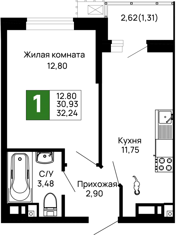 Планировка 1 комн. в ЖК Долина