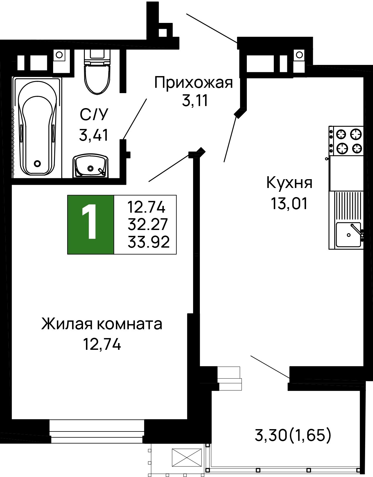 Планировка 1-комнатной квартиры 33.92 м² в ЖК Долина, г. Майкоп — фото 1