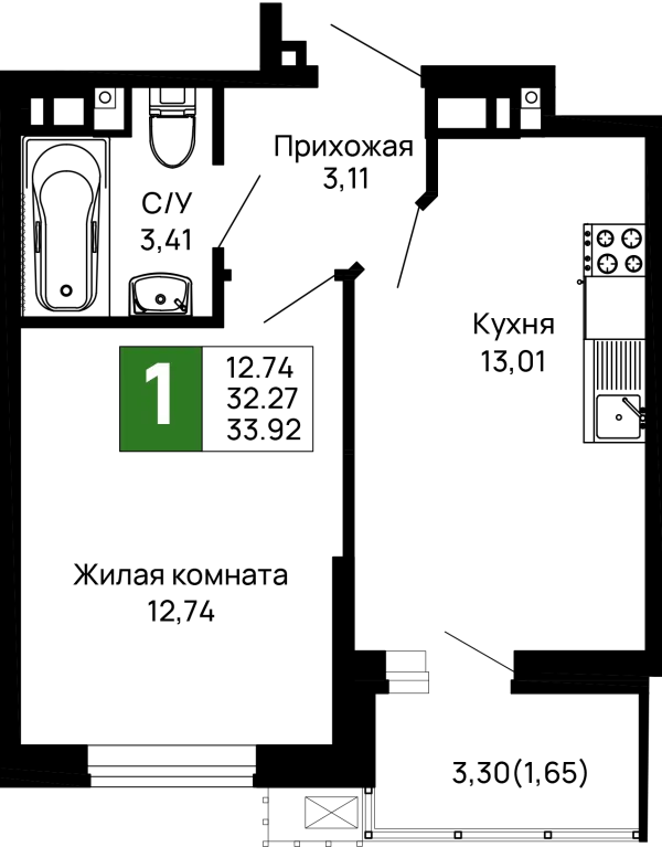 Планировка 1 комн. в ЖК Долина