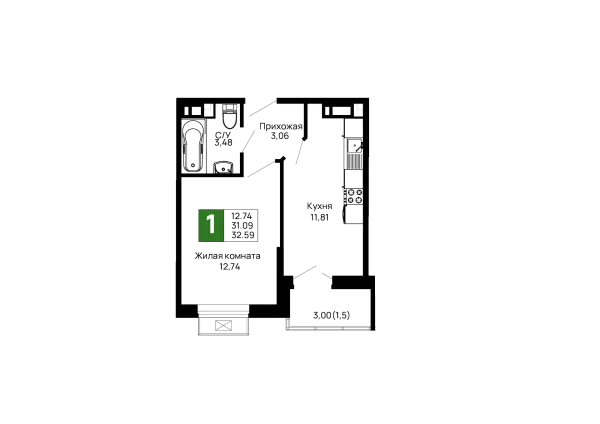 Планировка 1 комн. в ЖК Долина