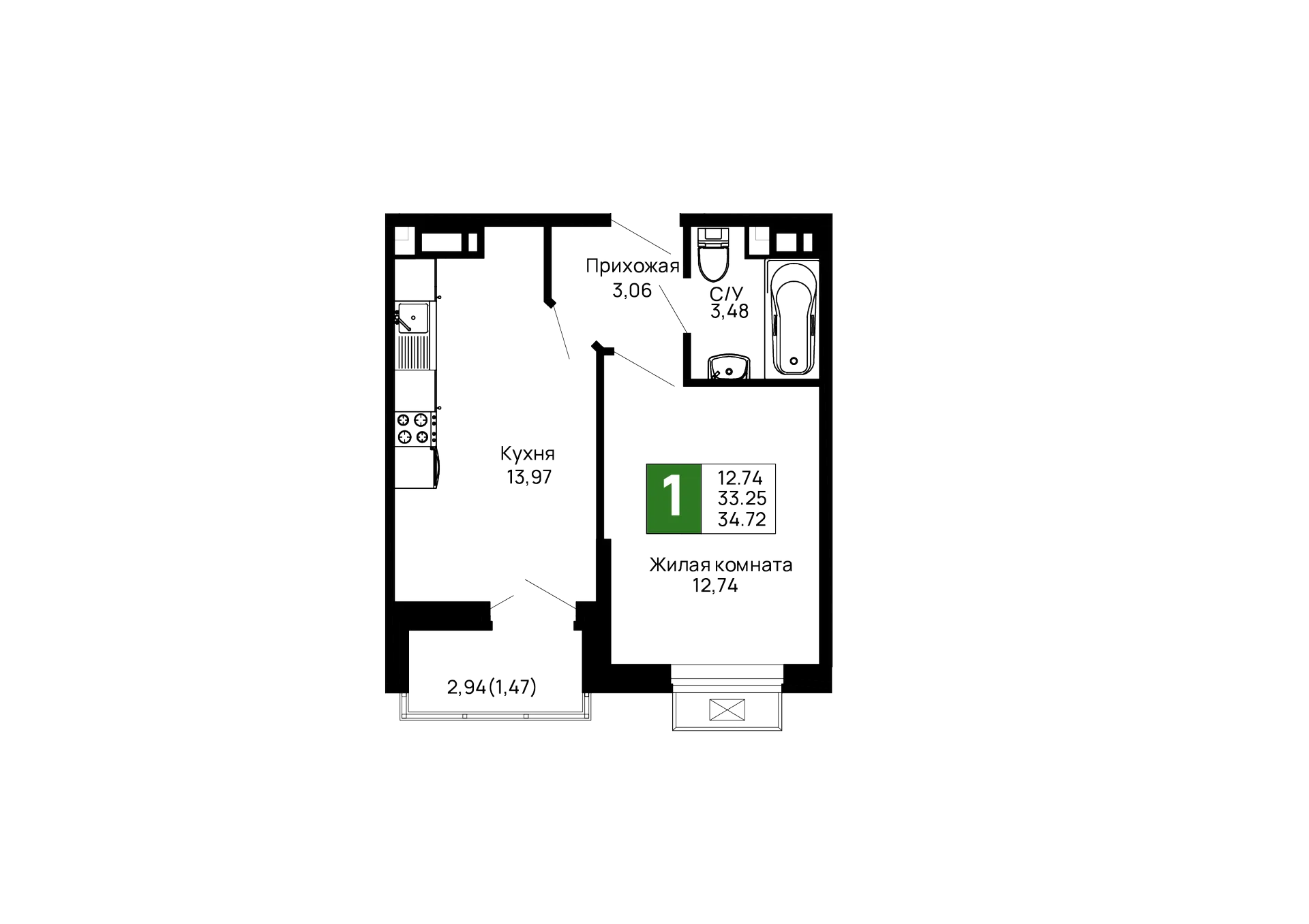 Планировка 1-комнатной квартиры 34.72 м² в ЖК Долина, г. Майкоп — фото 1