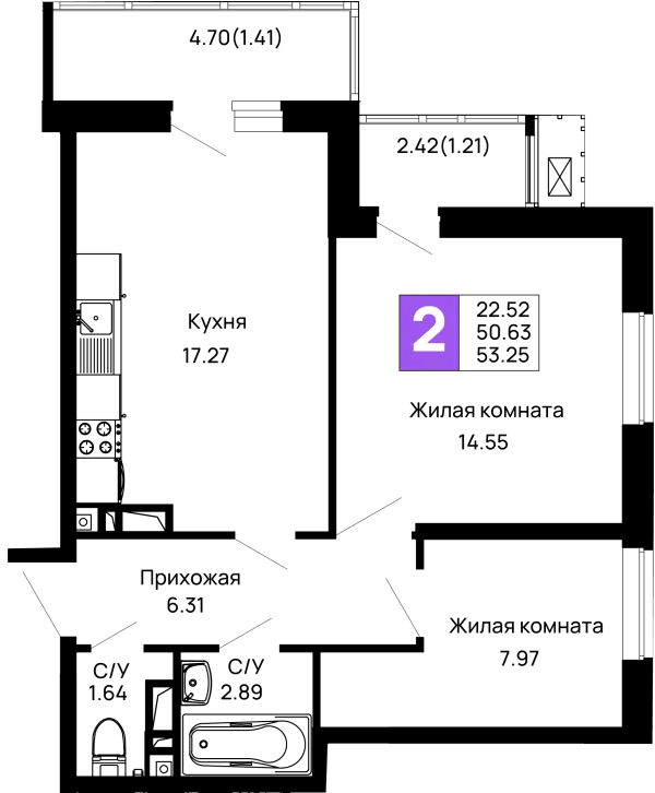 Планировка 2 комн. в ЖК Долина