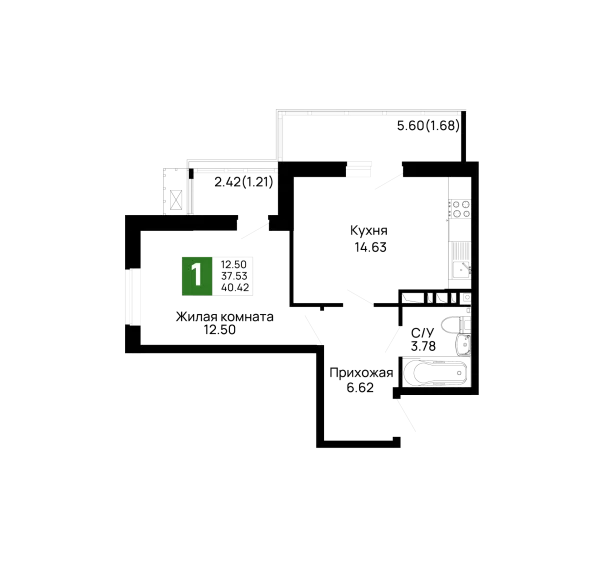 Планировка 1 комн. в ЖК Долина