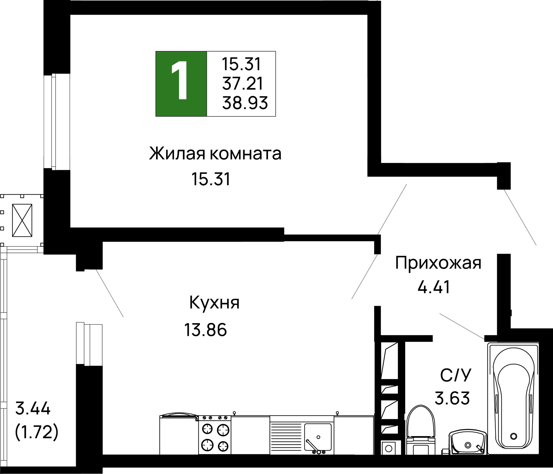 Планировка 1-комнатной квартиры 38.93 м² в ЖК Долина, г. Майкоп — фото 1