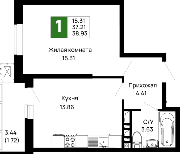Планировка 1 комн. в ЖК Долина