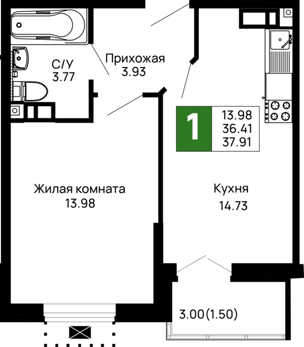 Планировка 1 комн. в ЖК Долина