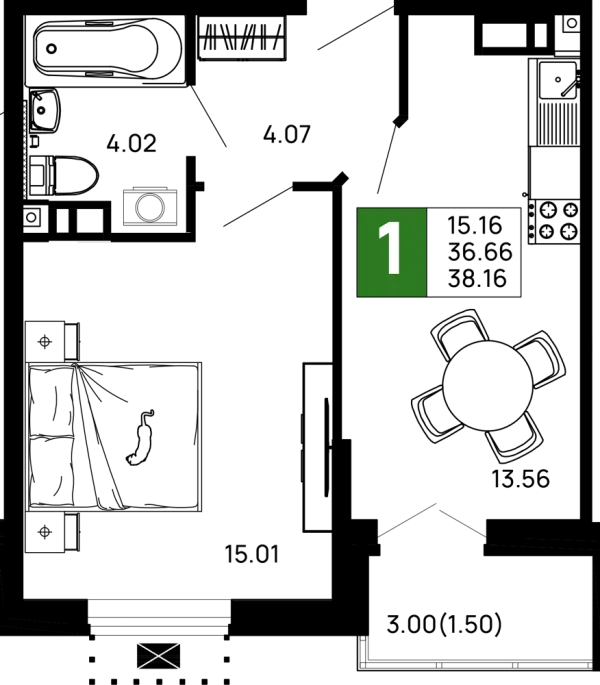 Планировка 1 комн. в ЖК Долина