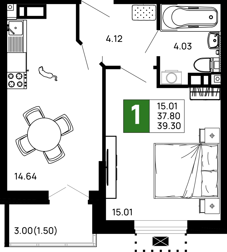 Планировка 1-комнатной квартиры 39.3 м² в ЖК Долина, г. Майкоп — фото 1