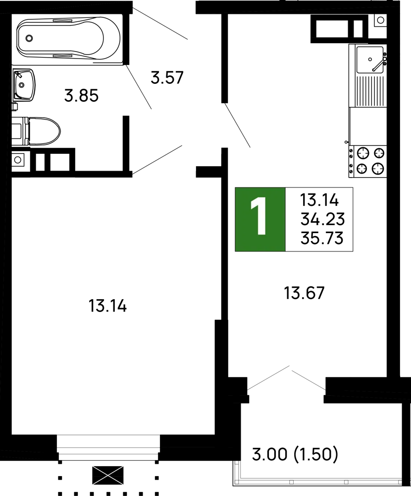 Планировка 1-комнатной квартиры 35.73 м² в ЖК Долина, г. Майкоп — фото 1