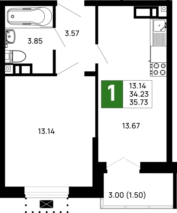 Планировка 1 комн. в ЖК Долина