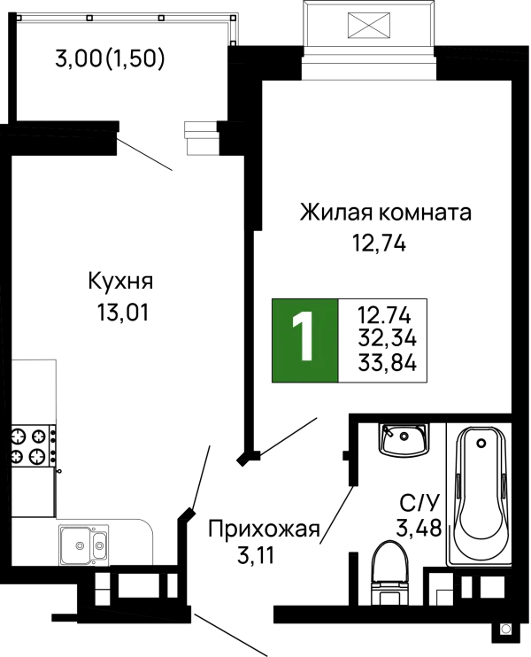 Планировка 1 комн. в ЖК Долина