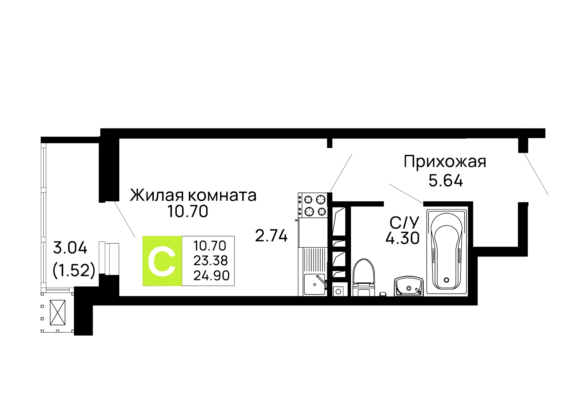 Планировка студии квартиры 24.9 м² в ЖК Долина, г. Майкоп — фото 1
